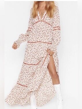 Nasty Gal Plant You See Boho Floral Tiered Maxi Dress Velvet Trim SZ 10 US 14 UK